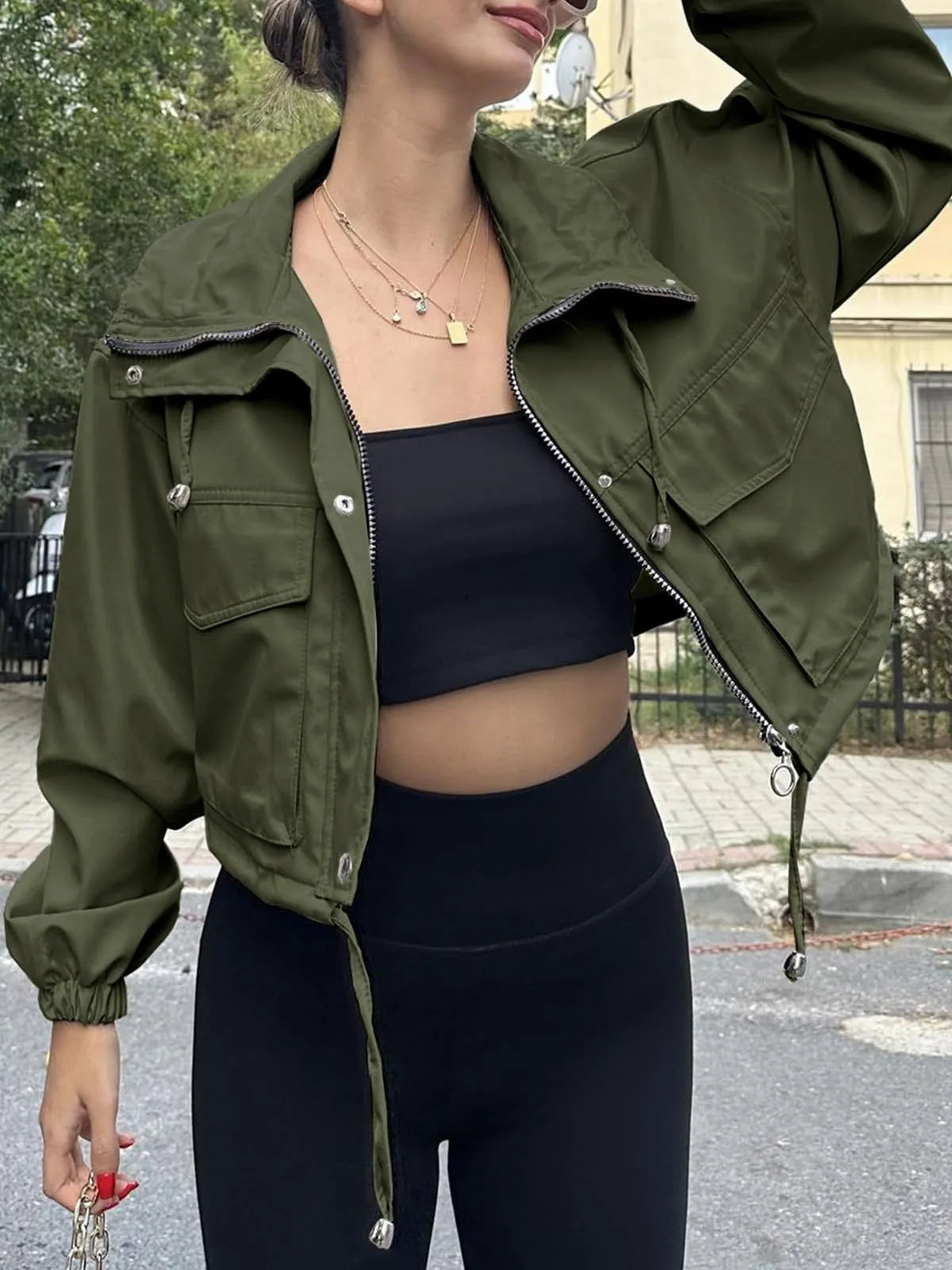 Solid Color Women's Short Jacket Zipper Trench Coat