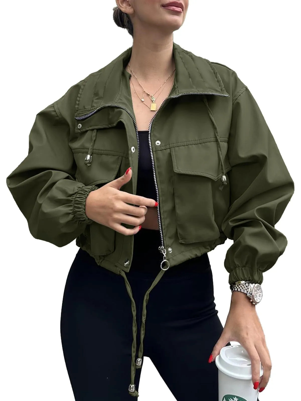 Solid Color Women's Short Jacket Zipper Trench Coat